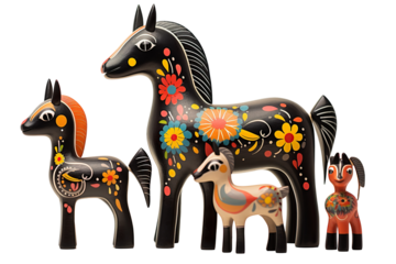 12 animal designations PNG: a figurine of a lovely horse family, Very cute with colorful designs, Chinese traditional folk mud dog art style, in the style of woodcarvings
