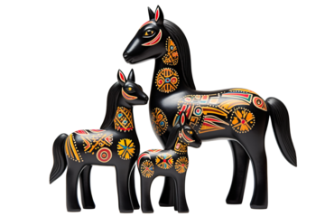 12 animal designations PNG: a figurine of a lovely horse family, Very cute with colorful designs, Chinese traditional folk mud dog art style, in the style of woodcarvings