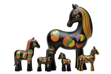 12 animal designations PNG: a figurine of a lovely horse family, Very cute with colorful designs, Chinese traditional folk mud dog art style, in the style of woodcarvings