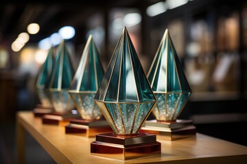 Close up of customized trophies showcasing employee achievements, employee recognition images - obrazy, fototapety, plakaty