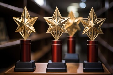 Close up of custom trophies emphasizing employee success, recognition and reward images - obrazy, fototapety, plakaty