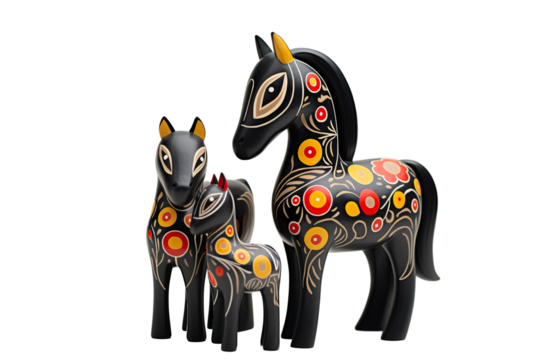 12 animal designations PNG: a figurine of a lovely horse family, Very cute with colorful designs, Chinese traditional folk mud dog art style, in the style of woodcarvings
