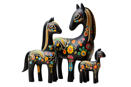 12 animal designations PNG: a figurine of a lovely horse family, Very cute with colorful designs, Chinese traditional folk mud dog art style, in the style of woodcarvings