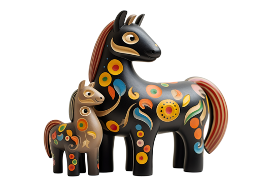 12 animal designations PNG: a figurine of a lovely horse family, Very cute with colorful designs, Chinese traditional folk mud dog art style, in the style of woodcarvings