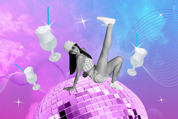 Creative poster collage of funny young female dance hip hop discoball vintage party cocktail freak...