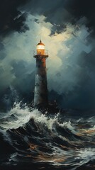 Lighthouse, storm, thunderstorm, minimalism, Oil painting on canvas, the top is drawn in pencil