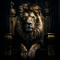 Lion sitting on a throne in front of a dark background.