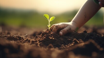 Close up of child hands Planting young tree. National tree planting day. Save Earth concept.