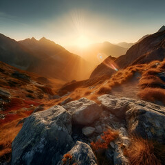 Mountain landscape at sunset. Dramatic scene. Artistic style.