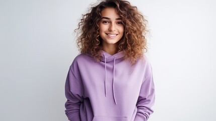 Obraz premium Pretty curly girl wearing purple oversized hoodie smiles on white background.