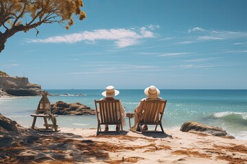 elderly couple sitting on sun lounger chair right on the beach by the sea