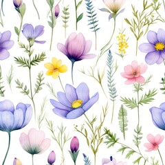 Seamless pattern of watercolor field flowers white background