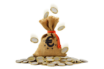Money bag and falling euro coins on pile of coins - Concept of finance and earnings - 688519291