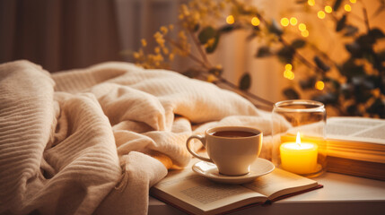 Fototapeta na wymiar Cup of aromatic coffee, book and candle on bed with soft blanket indoors.