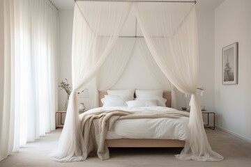 Fototapeta na wymiar A minimalist bedroom with a canopy bed, sheer curtains, and subtle pops of color, creating a dreamy and relaxing sleep sanctuary