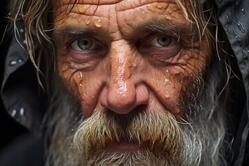 Capture the vulnerability of a very old man crying in close-up, with water or tears streaming down their face