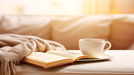 Light cozy bedroom, Coffee or tea cup and an open book on the bed.