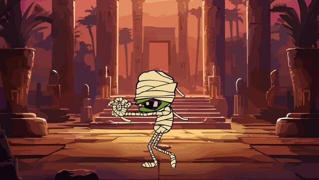 Cartoon Mummy Animation.  An animated video of a cartoon mummy walking back and forth in front of an ancient Egyptian interior background.