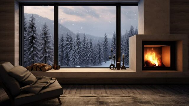 Cozy cabin with fireplace in winter, view of snowflakes falling outside the cabin window. seamless looping time-lapse virtual 4k video animation background. Generated with AI