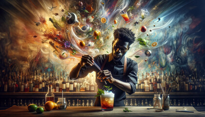 Young african american bartender making cocktail at bar.