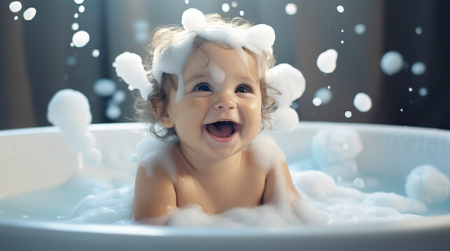 A happy baby laughing in the bathtub. A baby happy bath time. Generative Ai.
