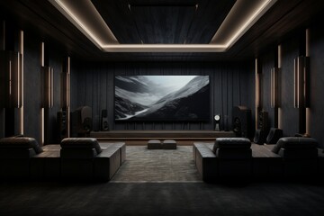 A minimalist home theater with hidden speakers, plush seating, and a blackout curtain for an immersive cinematic experience