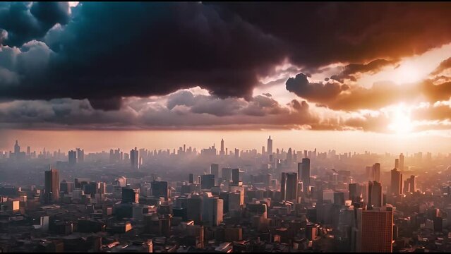 A storm forming over a vast city skyline - warm tones - sunset storm - AI Generated Video