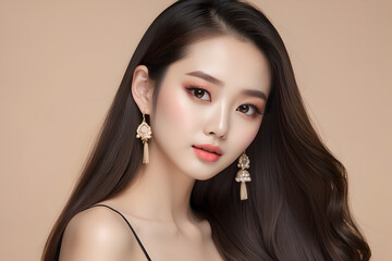 Young Asian beauty woman model long hair, Ai generated 