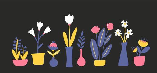 Different flowers in vase, banner set on black background. Bold colorful loral silhouettes, modern art illustrations, Summer bloom collection.