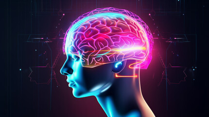 Obraz premium Human neon colored brain head in synthwave retro style