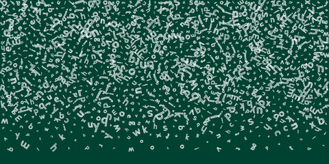 Falling letters of English language. Sketch chalk flying words of Latin alphabet. Foreign languages study concept. Emotional back to school banner on blackboard background.