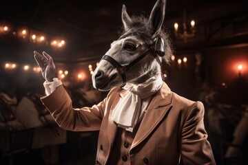  STANDING OVATION! Ironic portrait, Donkey, Applause, Theater, Orchestra conductor, Opera. At the height of his success as an opera musical conductor responds to the applause with a salute. - obrazy, fototapety, plakaty