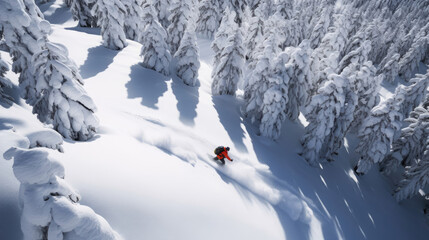 Snowboarder riding through snowy forest vibrant gear
