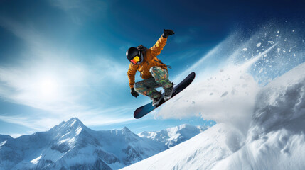 Snowboarder mid-air grab trick blue sky