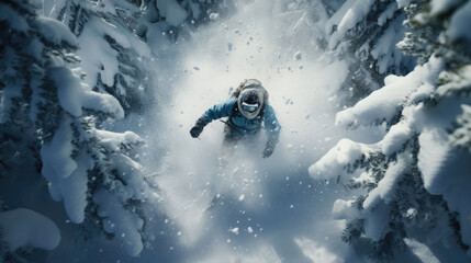 Snowboarder riding through snowy forest vibrant gear - Powered by Adobe