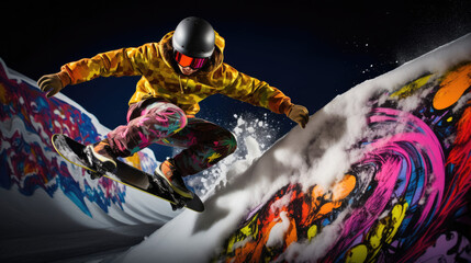 Snowboarder rail slide on graffiti rail sunny slope