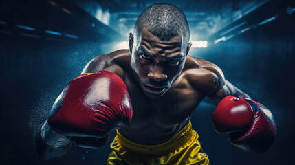 Fototapeta na wymiar Boxer mid-uppercut bright gloves intense focus