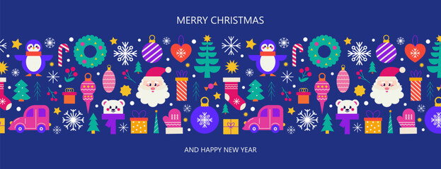 Merry Christmas and Happy New Year banner with festive elements and holidays simbols. Modern Xmas border design. Vector flat illustration