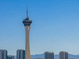 Elevated angle view of the modern Stratosphere Tower in Las Vegas, Nevada, amidst high-rise...