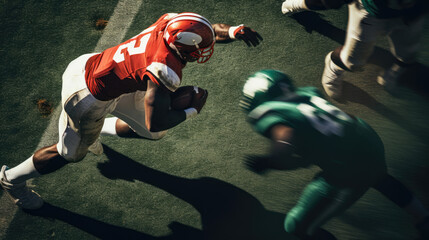 Running back evades tackles with speed and agility.