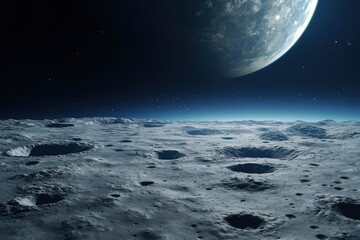Naklejka na ściany i meble Space art fantasy. Surface of Moon. The lunar surface as seen from a moon rover. Moon surface and Earth on the horizon. Planet Earth on background. Space collage. Crater copernicus on the Moon.