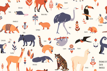 Seamless pattern with South American animals with floral elements and captions. Simple vector style, beige colors.