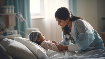 Indian pretty female doctor comforting little girl in hospital - obrazy, fototapety, plakaty