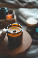 Burning candle in home interior, aesthetics