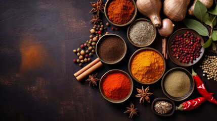 Indian spices. Top view of many objects, copy space