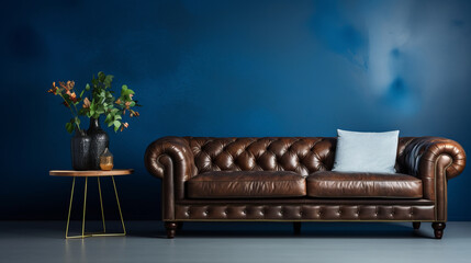 Interior background of a living room with comfortable sofa and blue wall - obrazy, fototapety, plakaty