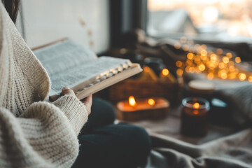 Girl with a Bible in her hands in a cozy home interior, concept of prayer and worship