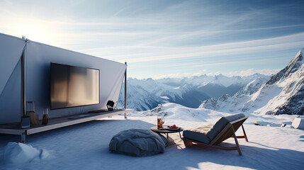 Outdoor cinema on snowy mountain peak
