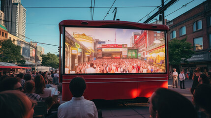 Outdoor cinema on a colorful trolley car cinematic journey through a bustling city - obrazy, fototapety, plakaty