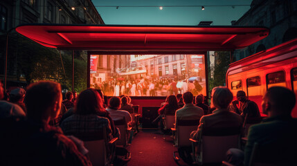 Cinema on retro trolley car cinematic journey through a vibrant city